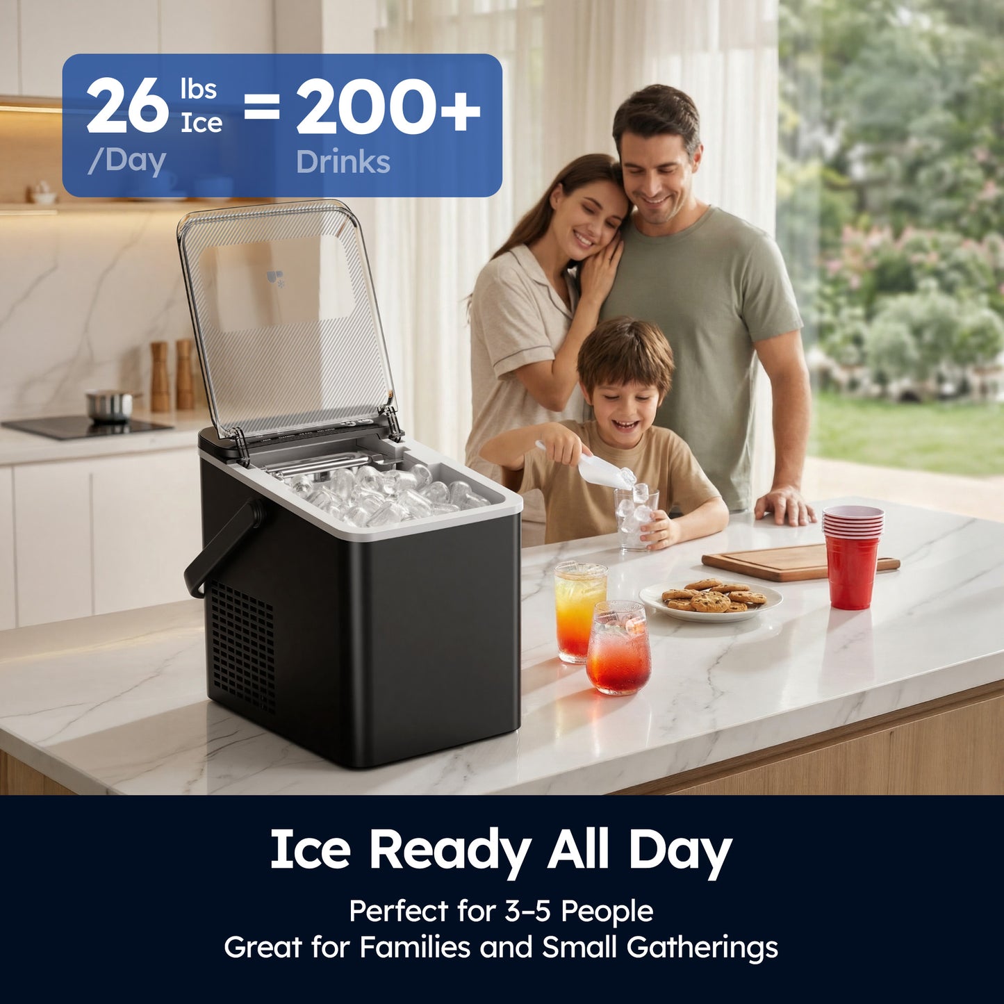 SIMZLIFE Countertop Ice Maker with Portable Handle, 26lbs/24H, 9 Cubes Ready in 6 Mins, Self-Cleaning, Compact Ice Machine with Basket & Scoop, Black