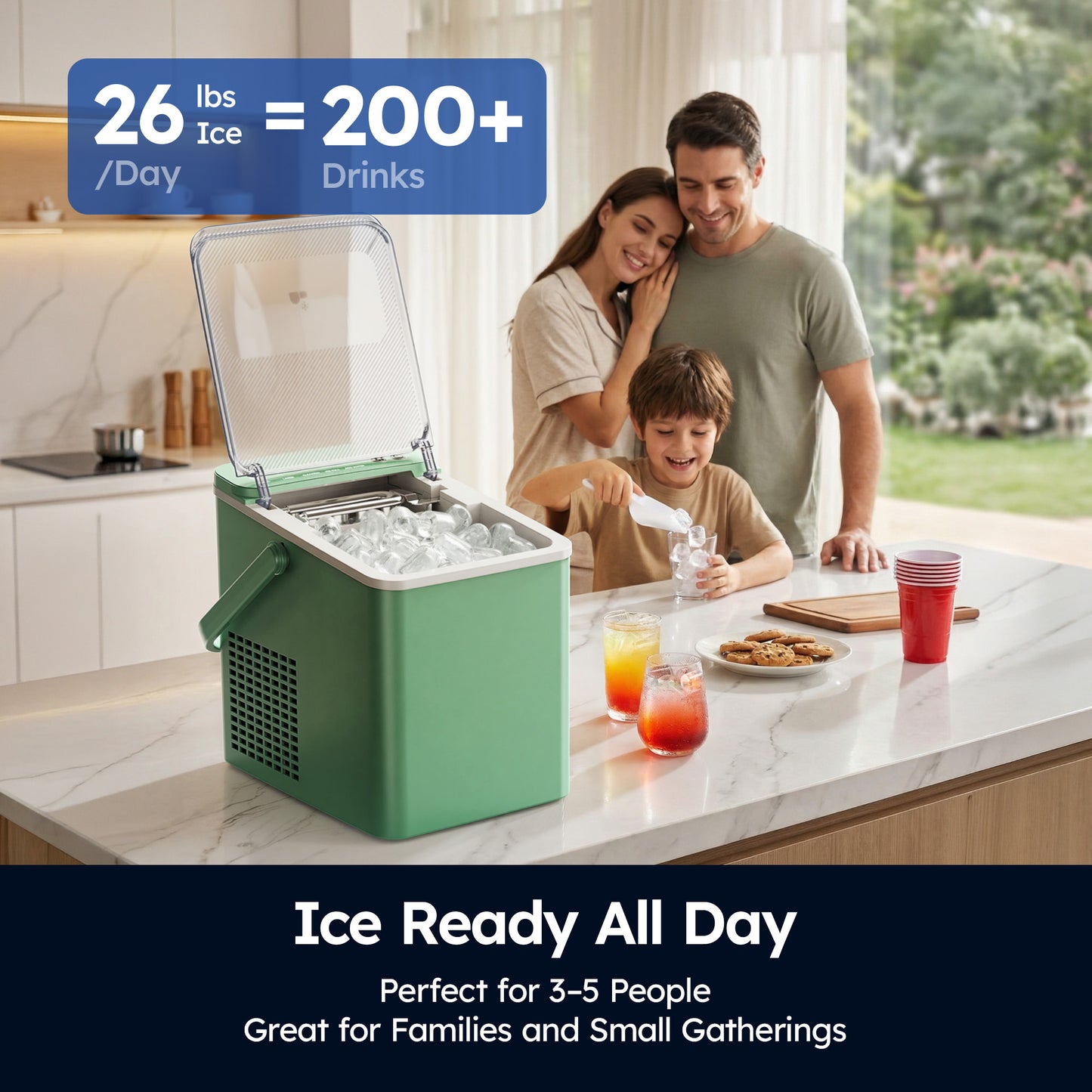 SIMZLIFE Countertop Ice Maker with Portable Handle, 26lbs/24H, 9 Cubes Ready in 6 Mins, Self-Cleaning, Compact Ice Machine with Basket & Scoop, Green