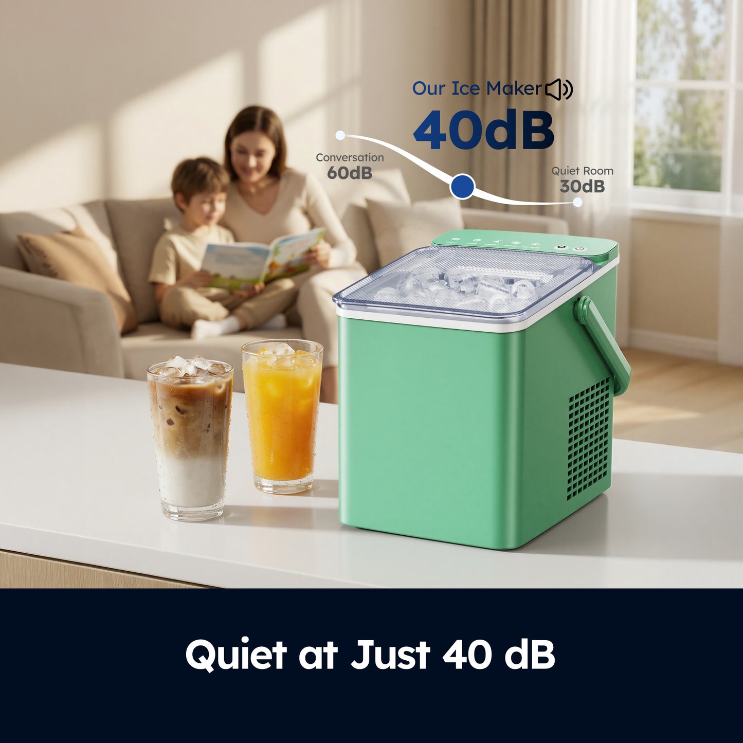 SIMZLIFE Countertop Ice Maker with Portable Handle, 26lbs/24H, 9 Cubes Ready in 6 Mins, Self-Cleaning, Compact Ice Machine with Basket & Scoop, Green