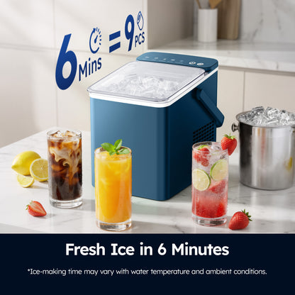 SIMZLIFE Countertop Ice Maker with Portable Handle, 26lbs/24H, 9 Cubes Ready in 6 Mins, Self-Cleaning, Compact Ice Machine with Basket & Scoop, Blue