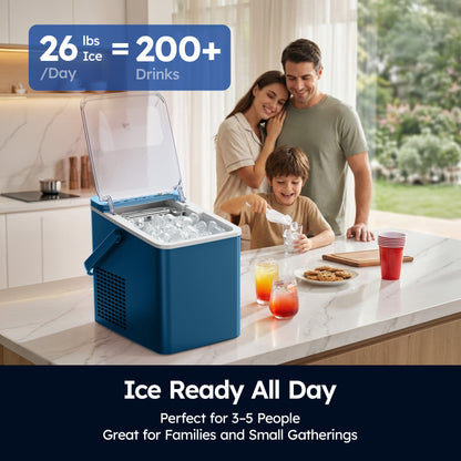 SIMZLIFE Countertop Ice Maker with Portable Handle, 26lbs/24H, 9 Cubes Ready in 6 Mins, Self-Cleaning, Compact Ice Machine with Basket & Scoop, Blue