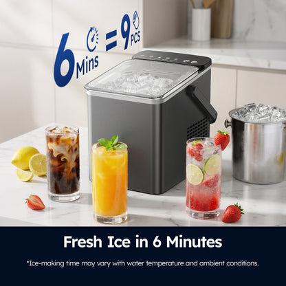 SIMZLIFE Countertop Ice Maker with Portable Handle, 26lbs/24H, 9 Cubes Ready in 6 Mins, Self-Cleaning, Compact Ice Machine with Basket & Scoop, Grey