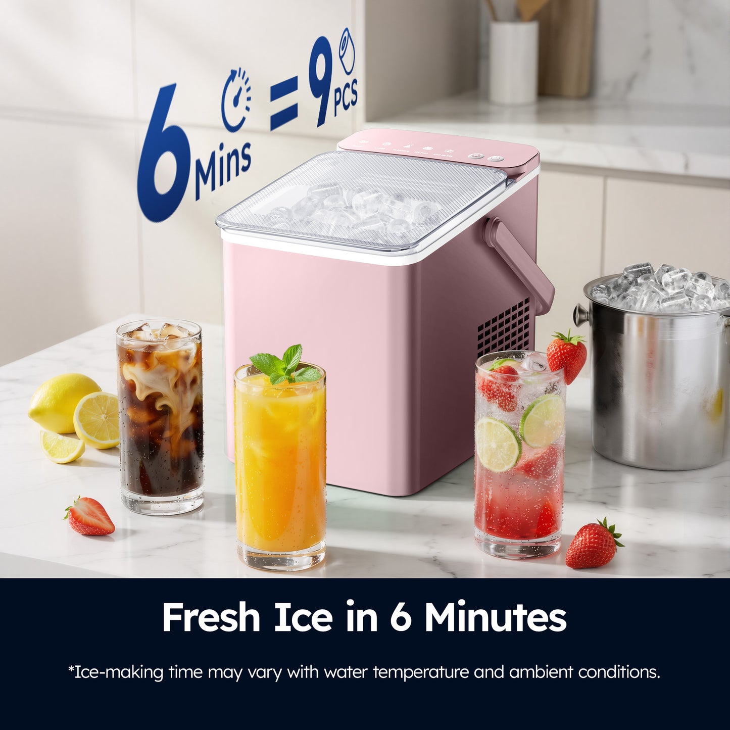 SIMZLIFE Countertop Ice Maker with Portable Handle, 26lbs/24H, 9 Cubes Ready in 6 Mins, Self-Cleaning, Compact Ice Machine with Basket & Scoop, Pink