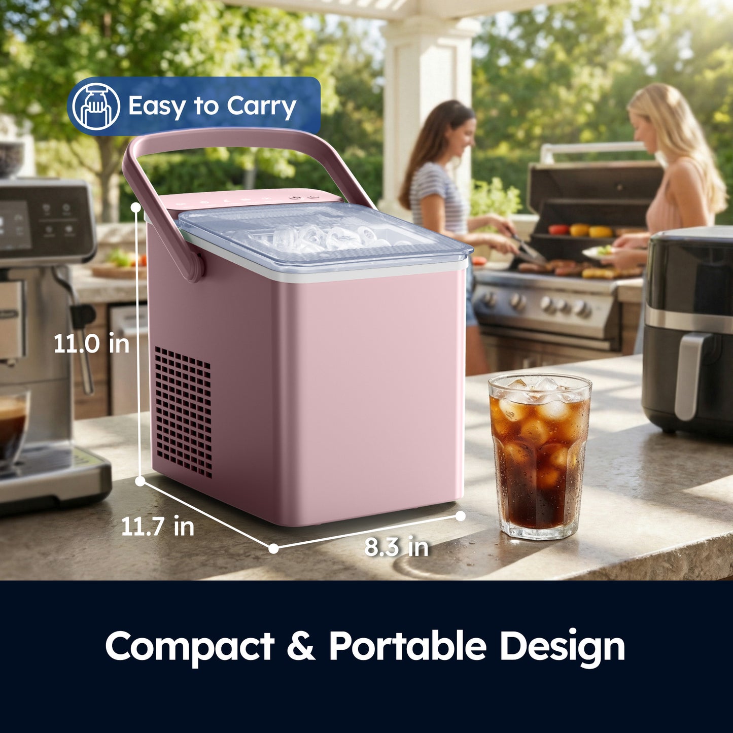 SIMZLIFE Countertop Ice Maker with Portable Handle, 26lbs/24H, 9 Cubes Ready in 6 Mins, Self-Cleaning, Compact Ice Machine with Basket & Scoop, Pink