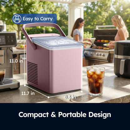 SIMZLIFE Countertop Ice Maker with Portable Handle, 26lbs/24H, 9 Cubes Ready in 6 Mins, Self-Cleaning, Compact Ice Machine with Basket & Scoop, Pink