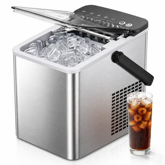 SIMZLIFE Countertop Ice Maker with Portable Handle, 26lbs/24H, 9 Cubes Ready in 6 Mins, Self-Cleaning, Compact Ice Machine with Basket & Scoop, Sliver