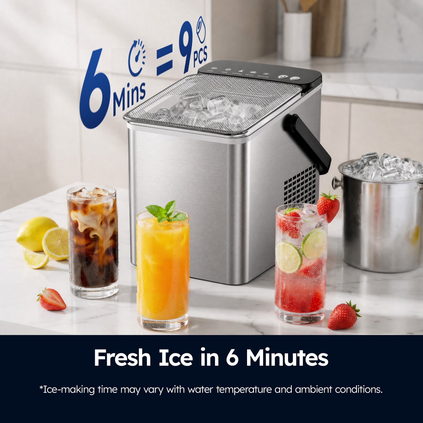 SIMZLIFE Countertop Ice Maker with Portable Handle, 26lbs/24H, 9 Cubes Ready in 6 Mins, Self-Cleaning, Compact Ice Machine with Basket & Scoop, Sliver