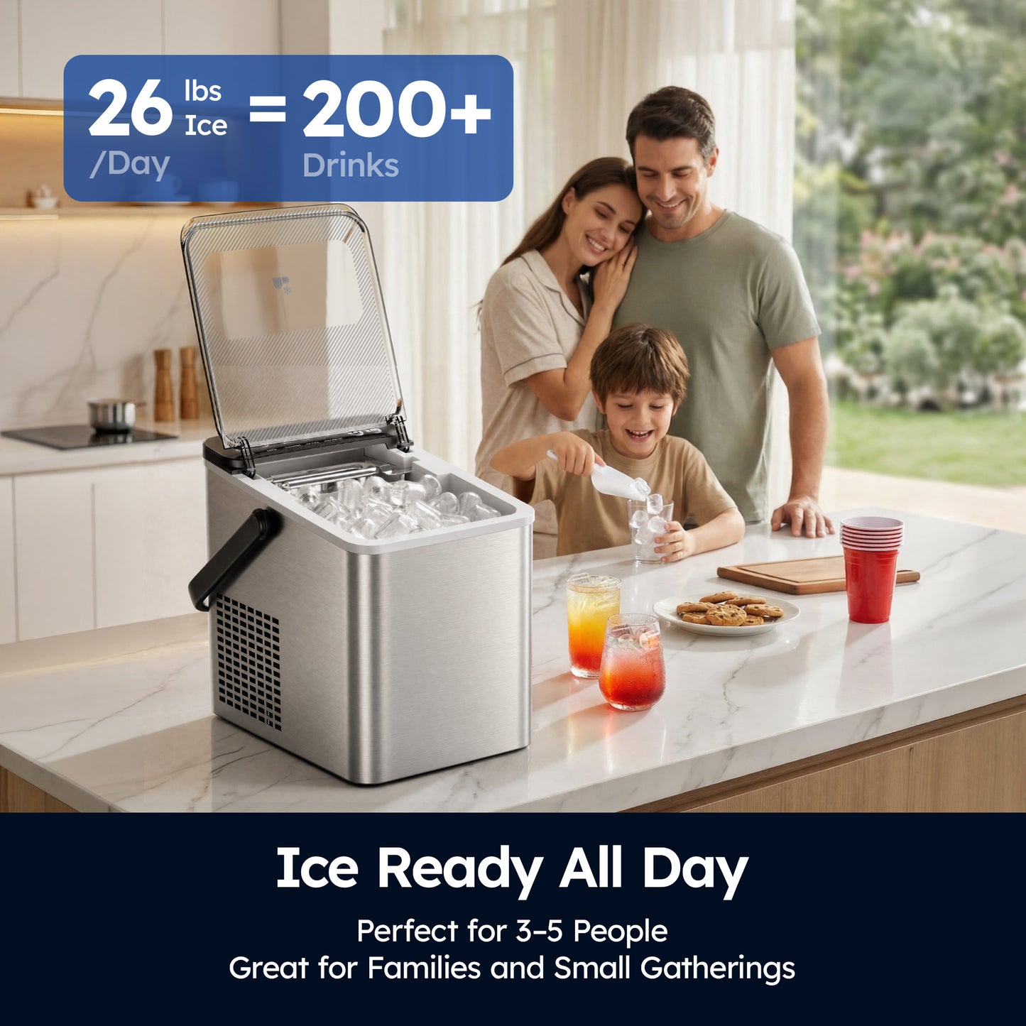 SIMZLIFE Countertop Ice Maker with Portable Handle, 26lbs/24H, 9 Cubes Ready in 6 Mins, Self-Cleaning, Compact Ice Machine with Basket & Scoop, Sliver