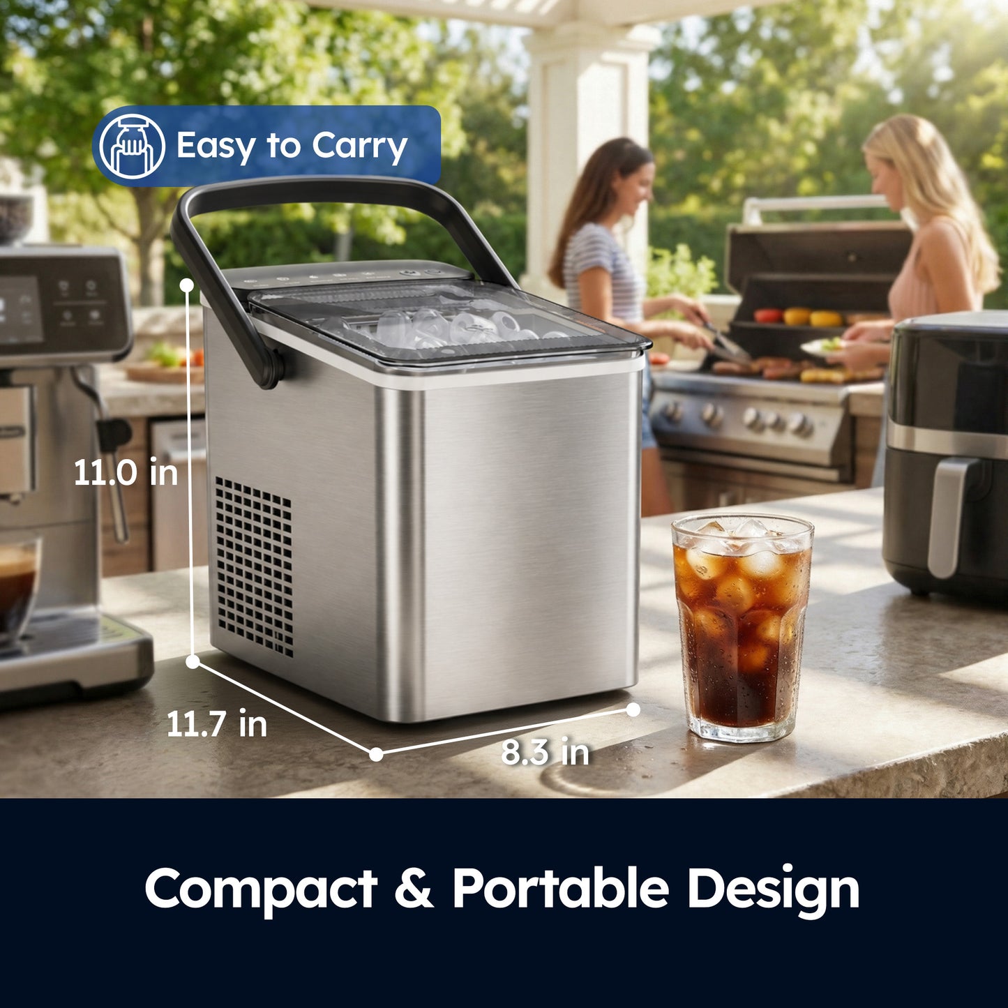 SIMZLIFE Countertop Ice Maker with Portable Handle, 26lbs/24H, 9 Cubes Ready in 6 Mins, Self-Cleaning, Compact Ice Machine with Basket & Scoop, Sliver