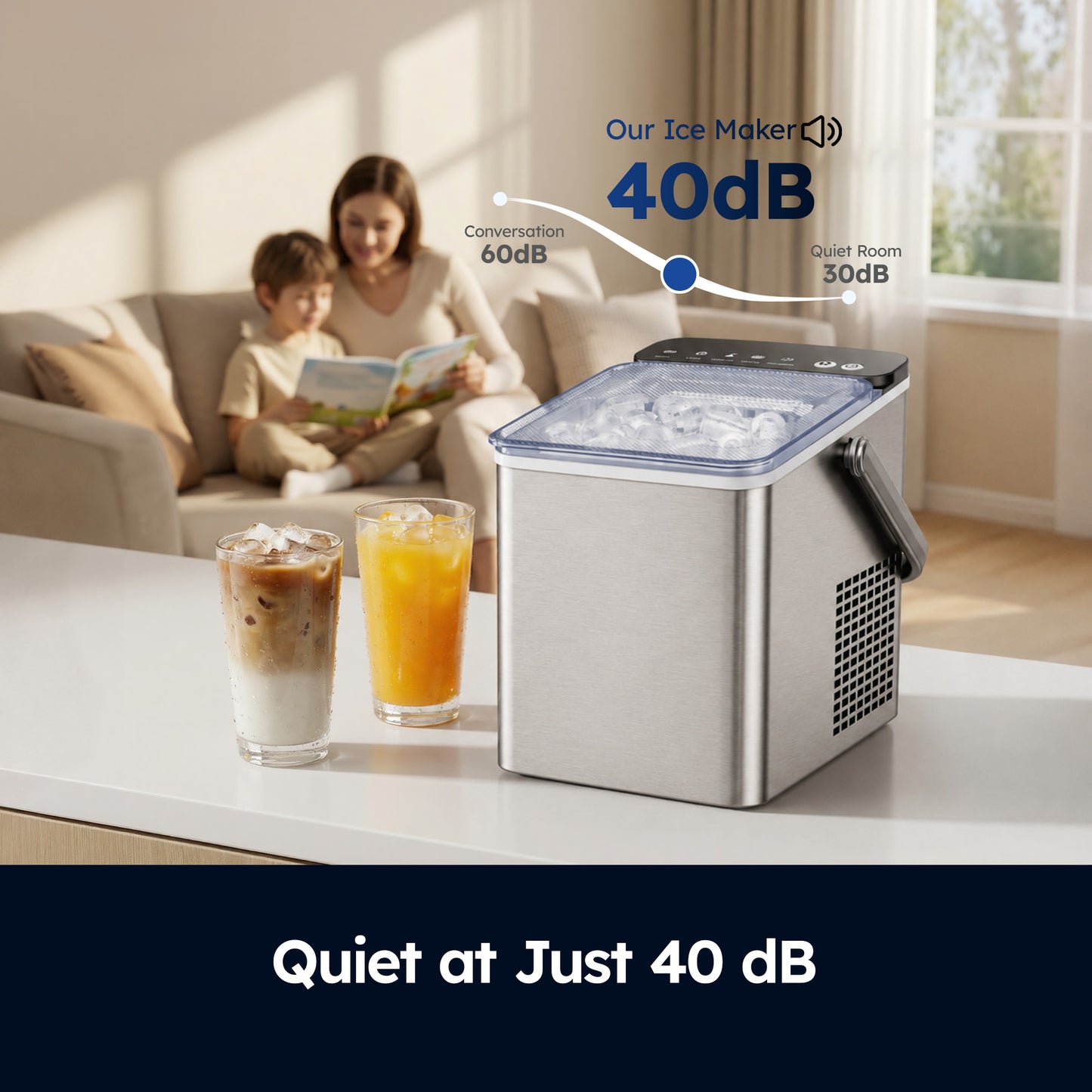 SIMZLIFE Countertop Ice Maker with Portable Handle, 26lbs/24H, 9 Cubes Ready in 6 Mins, Self-Cleaning, Compact Ice Machine with Basket & Scoop, Sliver
