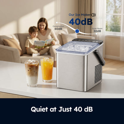 SIMZLIFE Countertop Ice Maker with Portable Handle, 26lbs/24H, 9 Cubes Ready in 6 Mins, Self-Cleaning, Compact Ice Machine with Basket & Scoop, Sliver