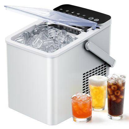 SIMZLIFE Countertop Ice Maker with Portable Handle, 26lbs/24H, 9 Cubes Ready in 6 Mins, Self-Cleaning, Compact Ice Machine with Basket & Scoop, White