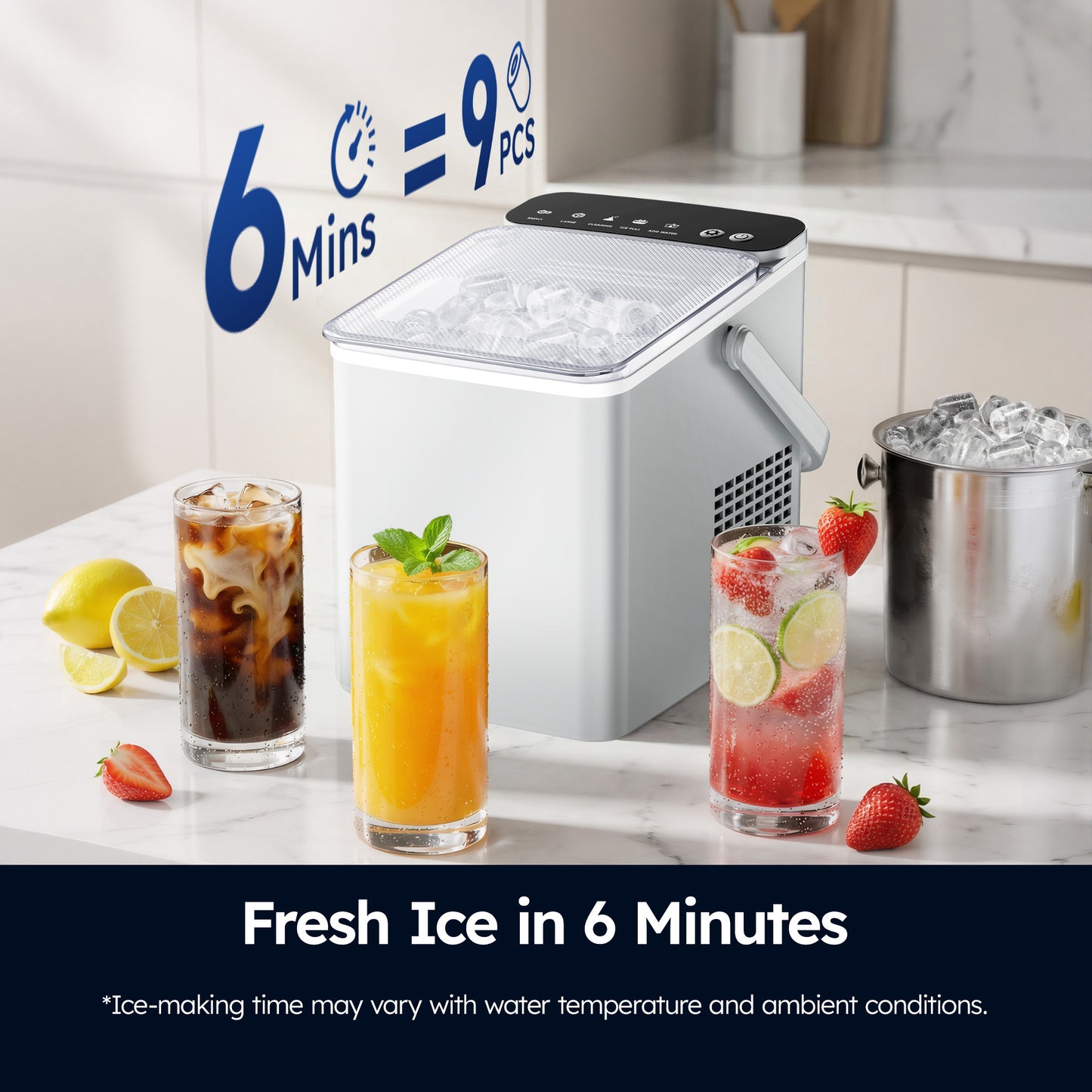 SIMZLIFE Countertop Ice Maker with Portable Handle, 26lbs/24H, 9 Cubes Ready in 6 Mins, Self-Cleaning, Compact Ice Machine with Basket & Scoop, White