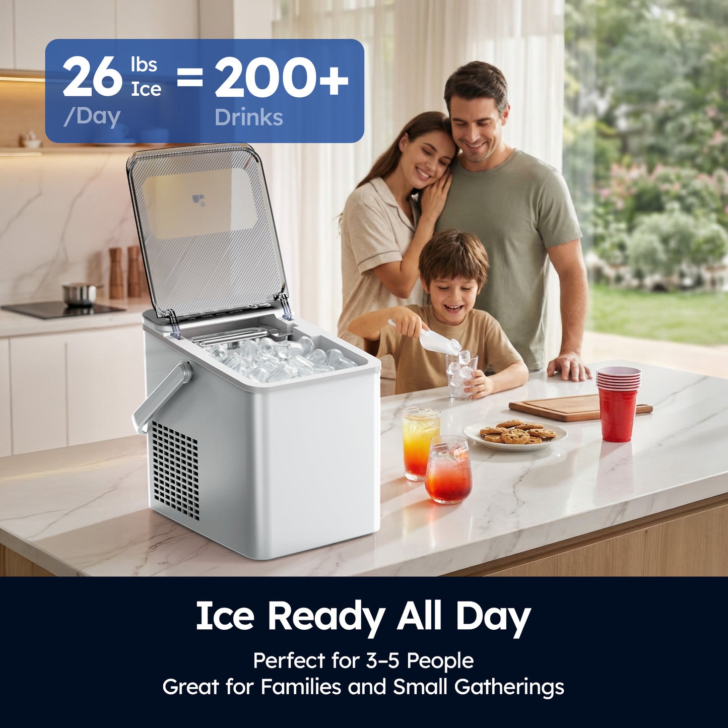 SIMZLIFE Countertop Ice Maker with Portable Handle, 26lbs/24H, 9 Cubes Ready in 6 Mins, Self-Cleaning, Compact Ice Machine with Basket & Scoop, White