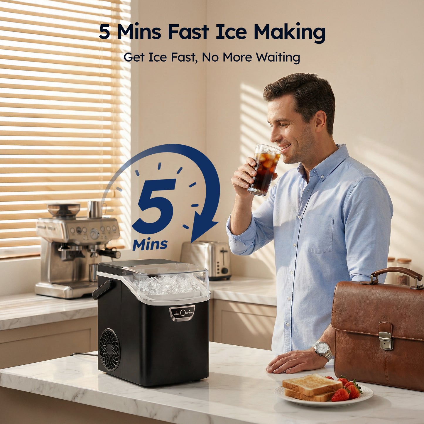 SIMZLIFE Countertop Nugget Ice Maker 33Lbs/24H, 5-Min Ice Cycle, Self-Cleaning, Portable Ice Machine with Basket & Scoop, Black