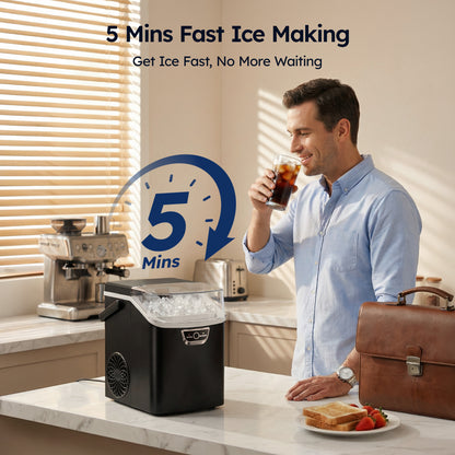 SIMZLIFE Countertop Nugget Ice Maker 33Lbs/24H, 5-Min Ice Cycle, Self-Cleaning, Portable Ice Machine with Basket & Scoop, Black