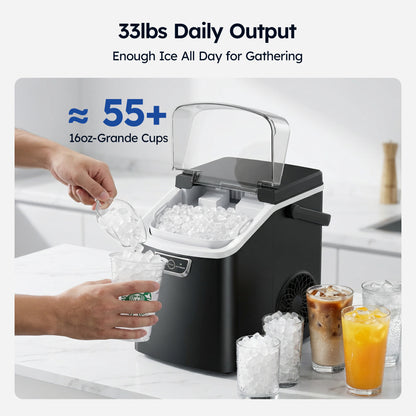 SIMZLIFE Countertop Nugget Ice Maker 33Lbs/24H, 5-Min Ice Cycle, Self-Cleaning, Portable Ice Machine with Basket & Scoop, Black