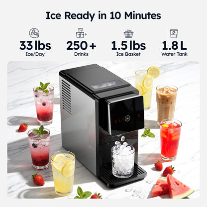 Simzlife 2-in-1 Nugget Ice Maker with Water Dispenser, 33 lbs/Day Portable Countertop Machine, Self-Cleaning, Black