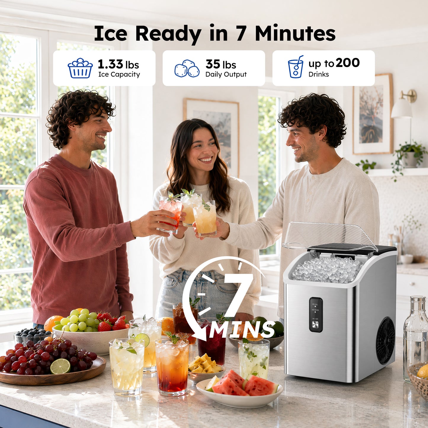 SIMZLIFE Nugget Ice Maker Countertop, 35 lbs/24H Soft Chewable Pellet Ice Machine, Ice Ready in 7 Minutes, One-Touch Self-Cleaning, Stainless Steel