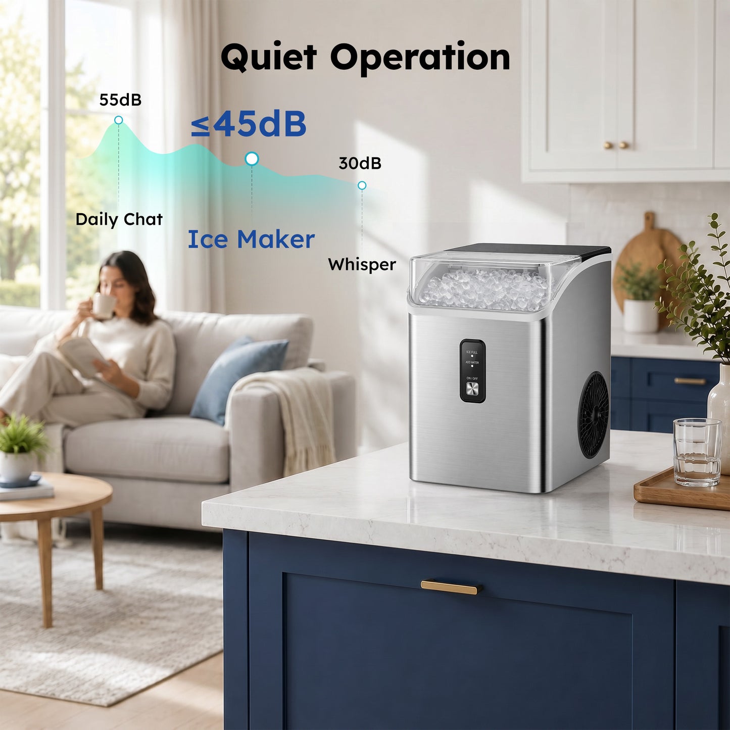 SIMZLIFE Nugget Ice Maker Countertop, 35 lbs/24H Soft Chewable Pellet Ice Machine, Ice Ready in 7 Minutes, One-Touch Self-Cleaning, Stainless Steel