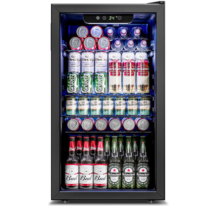 Simzlife 126 Can Beverage Refrigerator and Cooler with Glass Door for Home, 17.5 in D, 31.5 in H, Silver