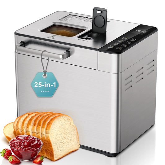 Simzlife 25-in-1 Bread Maker, 2 Lb Fully Automatic Bread Machine, Gluten-Free Program, Digital Display, Nonstick Pan, Stainless Steel