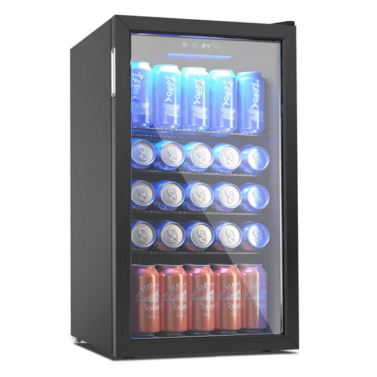 Simzlife Beverage Refrigerator Cooler, 126 Cans Mini Fridge with Glass Door and Adjustable Shelves for Home, Office or Bar, Black
