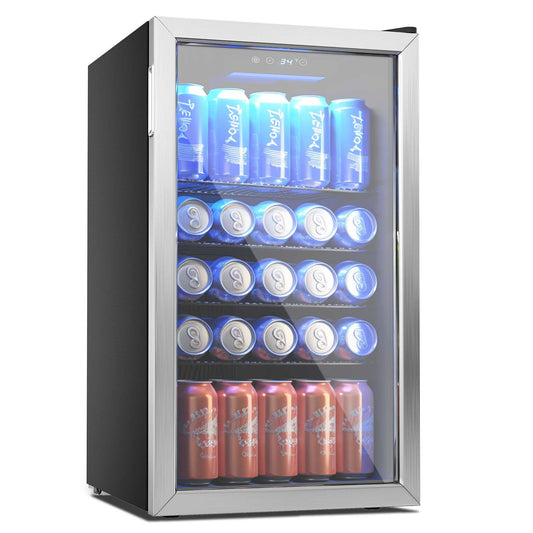 Simzlife Beverage Refrigerator Cooler, 126 Cans Mini Fridge with Glass Door and Adjustable Shelves for Home, Office or Bar, Silver