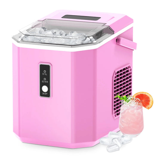 Simzlife Ice Makers Countertop, 9 Cubes in 6 Mins, 26lbs/Day, Portable Ice Maker with Carry Handle, Self-Cleaning Ice Maker with Ice Scoop & Basket for Home/Kitchen/Office/RV.(Pink)