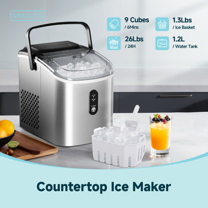 Simzlife Countertop Ice Maker Ice Machine With Handle,Self-Cleaning Ice Makers, 26Lbs/24H, 9 Ice Cubes Ready In 6 Mins For Home/Kitchen/Bar/Party/Camping