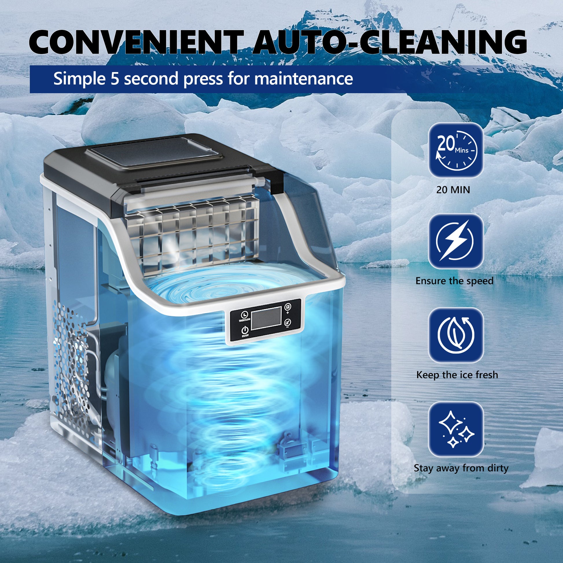 Countertop Ice Maker Countertop Ice Cube Maker Machine 2 Add Water Ways  24Pcs/13Mins, 45Lbs/24H, Self-Cleaning Portable Ice Maker with Ice Scoop 
