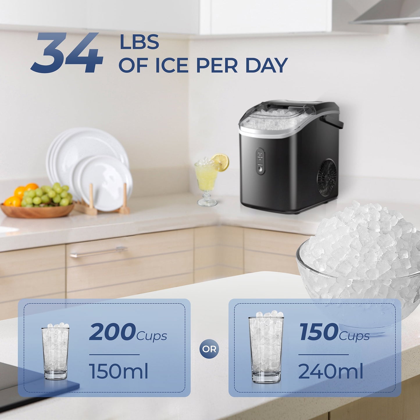 Simzlife Nugget Ice Maker Countertop with Handle, Ready in 6 Mins with Chewable Ice, 34lbs/24H, Self-Cleaning, Black