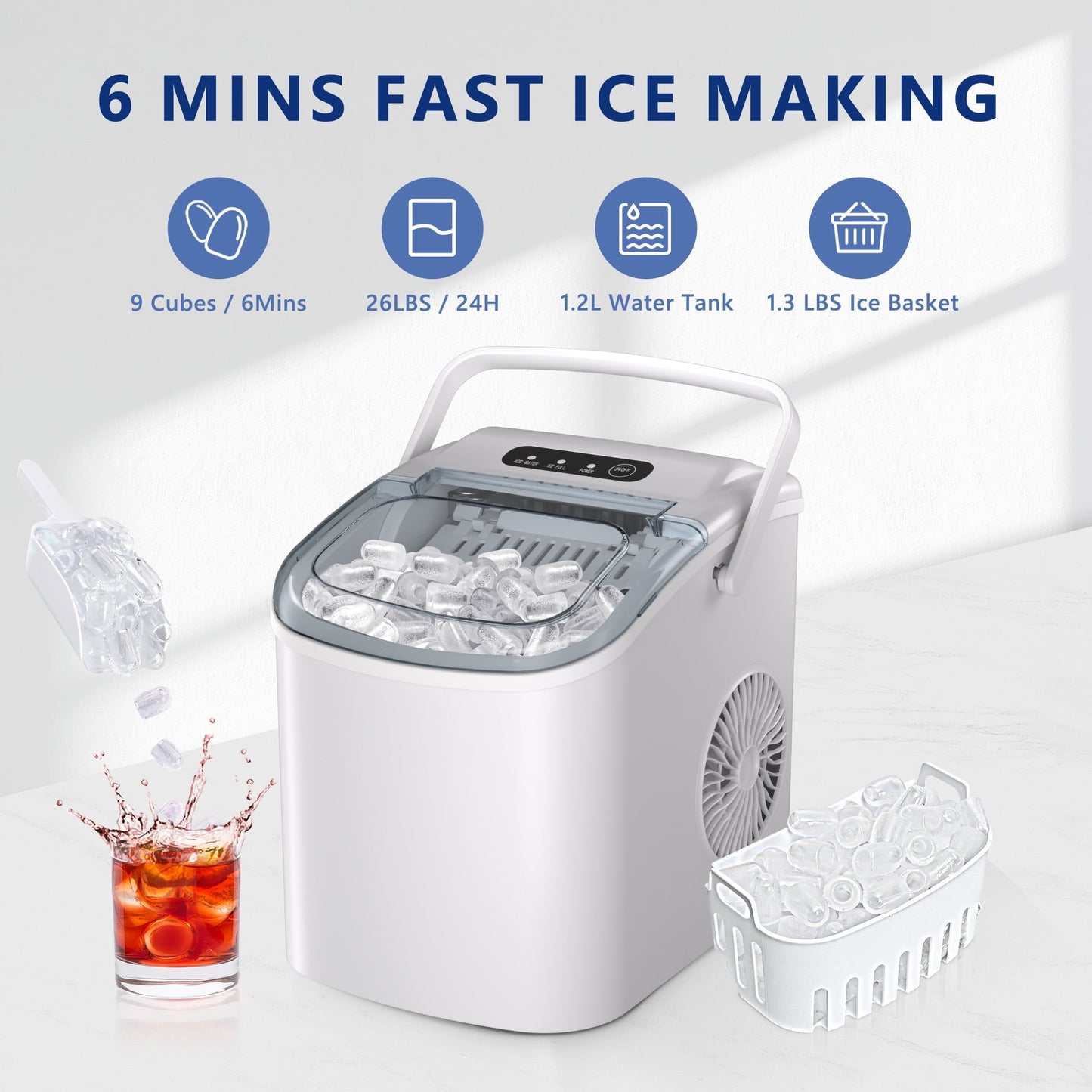 Simzlife 26 lbs/24H Countertop Ice Maker Machine, 9 Bullet-Shaped Ice in 6 Min, Auto-Cleaning, White