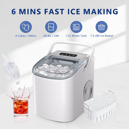 Simzlife 26 lbs/24H Countertop Ice Maker Machine, 9 Bullet-Shaped Ice in 6 Min, Auto-Cleaning, White