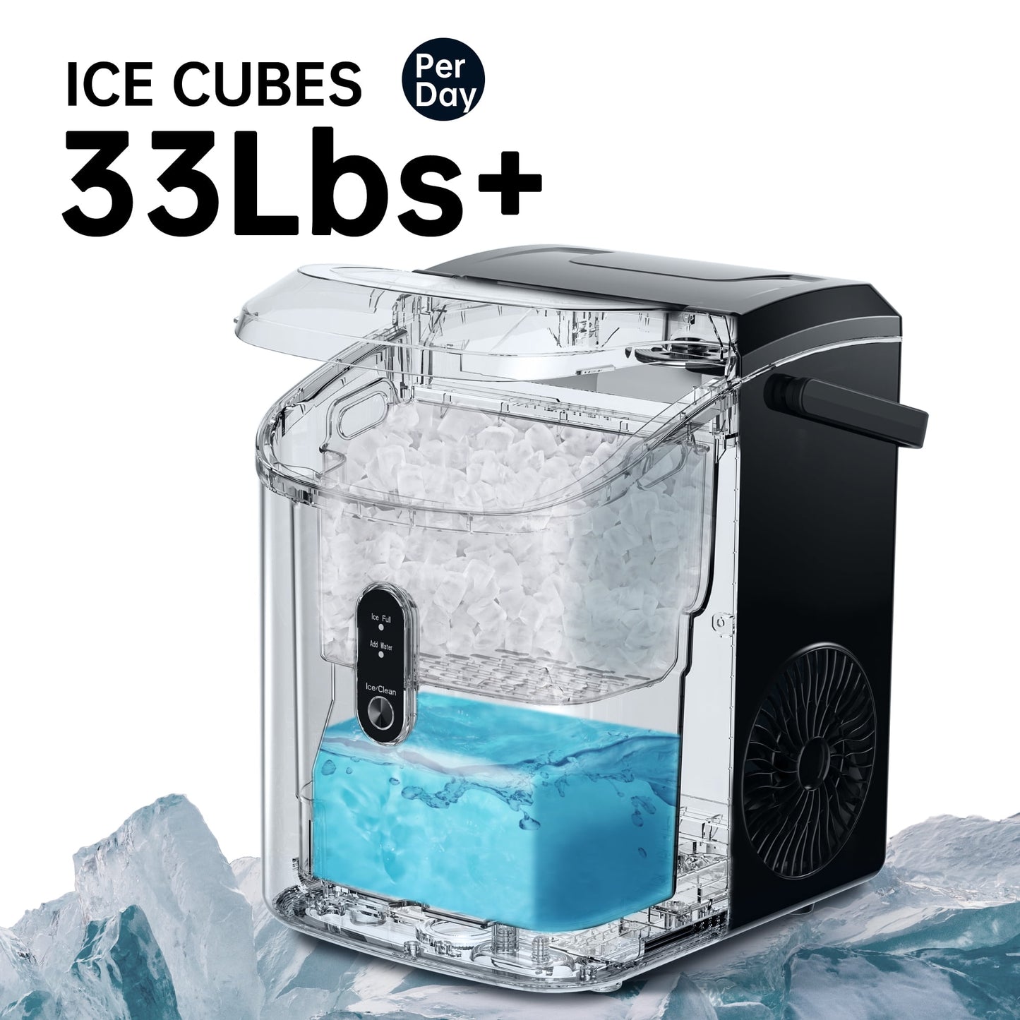 Simzlife Nugget Countertop Ice Maker with Soft Chewable Pellet Ice, Portable Ice Machine with Handle, Ready in 6 Mins, 33lbs Per Day, Self-Cleaning, for Home, Kitchen, Office, Black