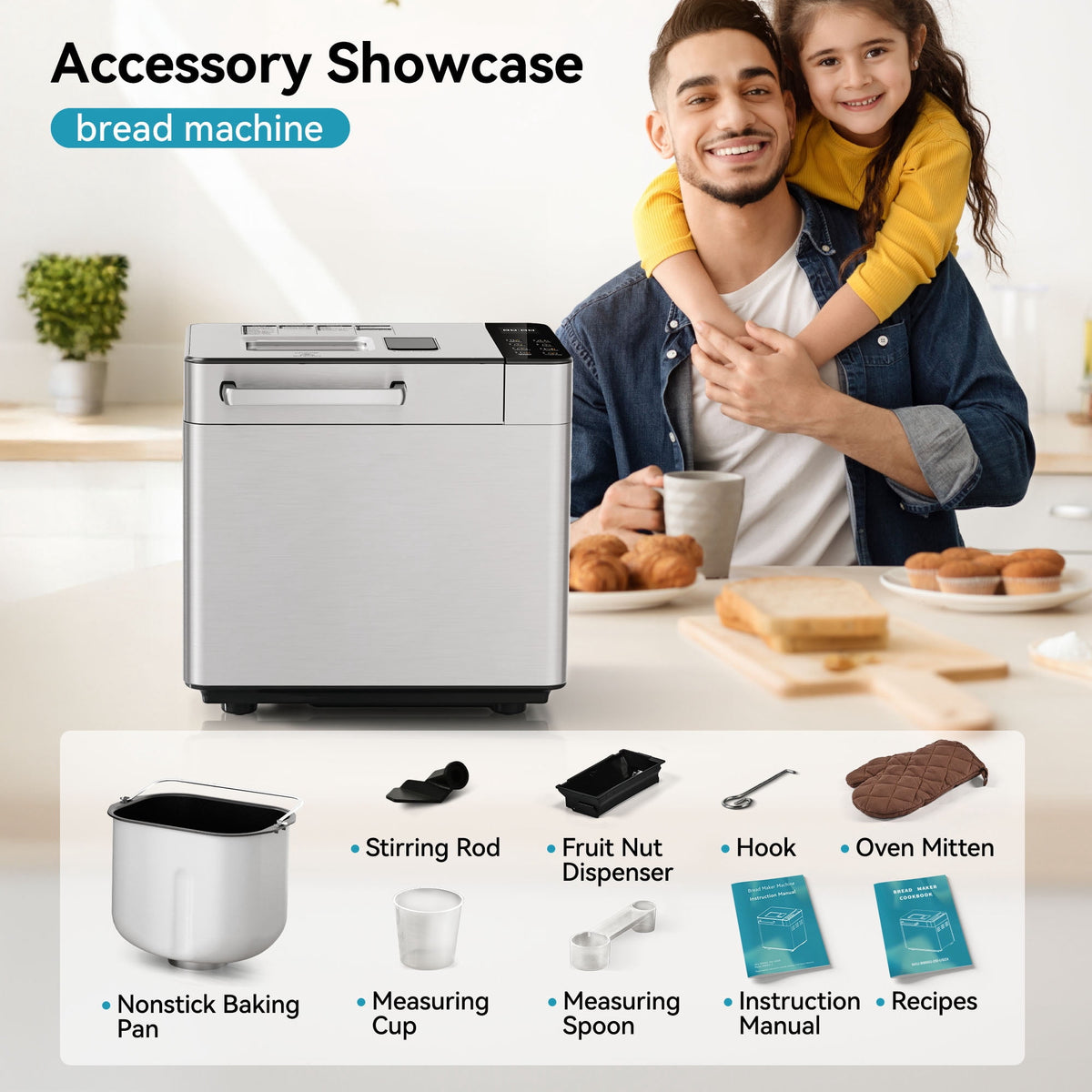 Simzlife 25-in-1 Bread Maker, 2 Lb Fully Automatic Bread Machine, Gluten-Free Program, Digital Display, Nonstick Pan, Stainless Steel