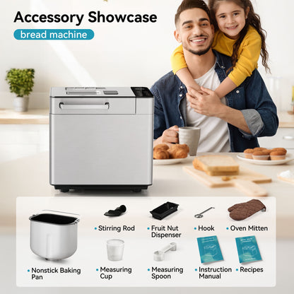 Simzlife 25-in-1 Bread Maker, 2 Lb Fully Automatic Bread Machine, Gluten-Free Program, Digital Display, Nonstick Pan, Stainless Steel