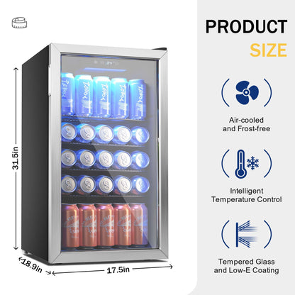 Simzlife 126 Can Beverage Refrigerator and Cooler with Glass Door for Home, 17.5 in D, 31.5 in H, Silver